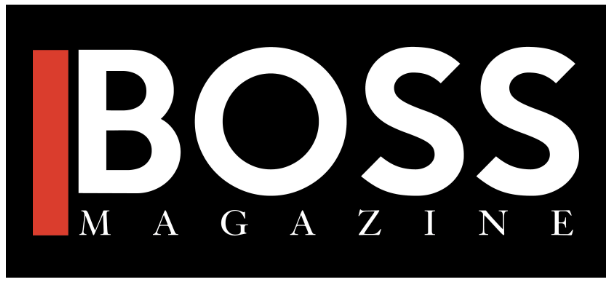 boss magazine logo with white letters and black background